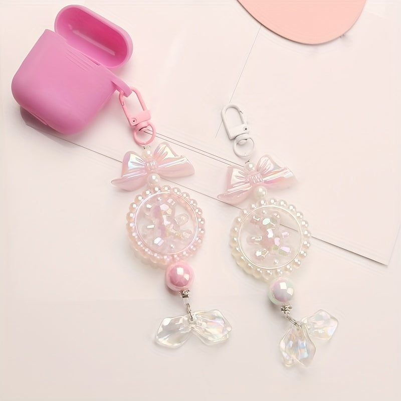 Cute Bear Keychain with Bow Knot and Beaded Shell Pendant for Girls