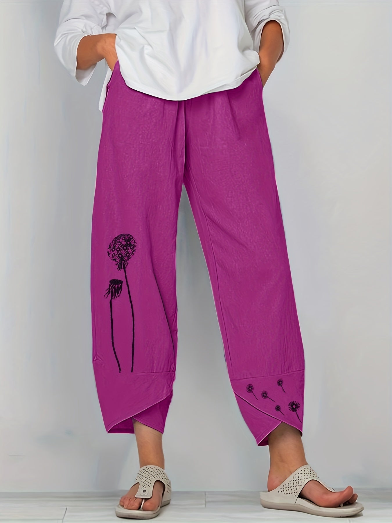 Boho Dandelion Print Harem Pants High Waist Summer Cropped Pants