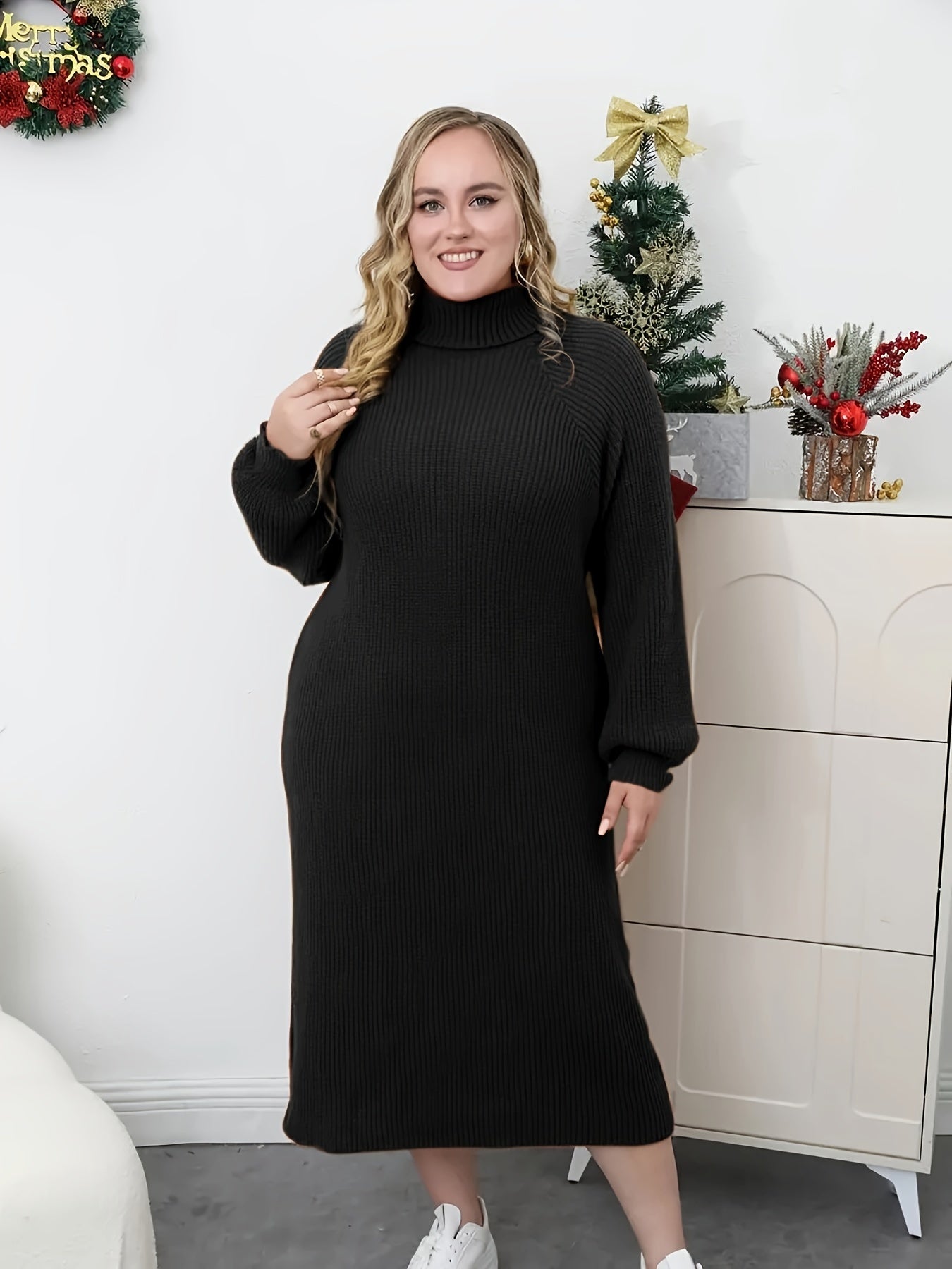 Turtleneck Lantern Sleeve Maxi Sweater Dress