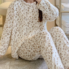 Leopard Print Lounge Set Crew Neck Top & Pants Women's Loungewear