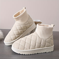 Winter Snow Boots Women Round Toe Waterproof Quilted Detail Fleece Lining
