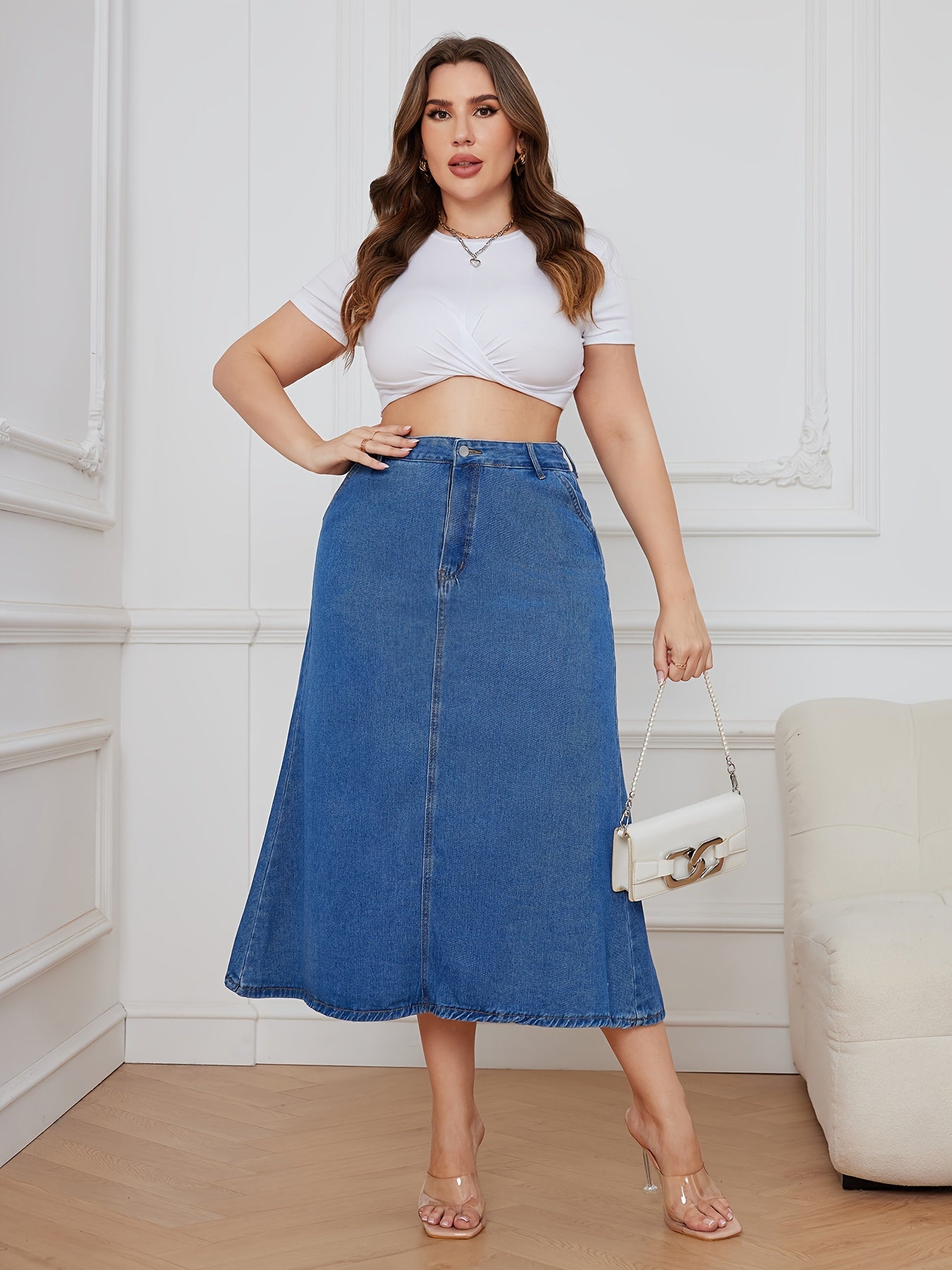 Women's Plus High Rise Maxi Denim Skirt, Button Fly, Casual Solid