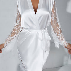Lace Stitching Satin Night Robe Long Sleeve V Neck Women's Sleepwear