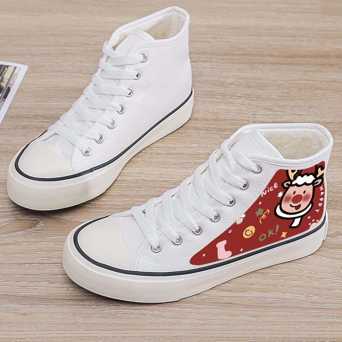 Christmas Reindeer Print Plush Lined Thermal Chunky Canvas Sneakers