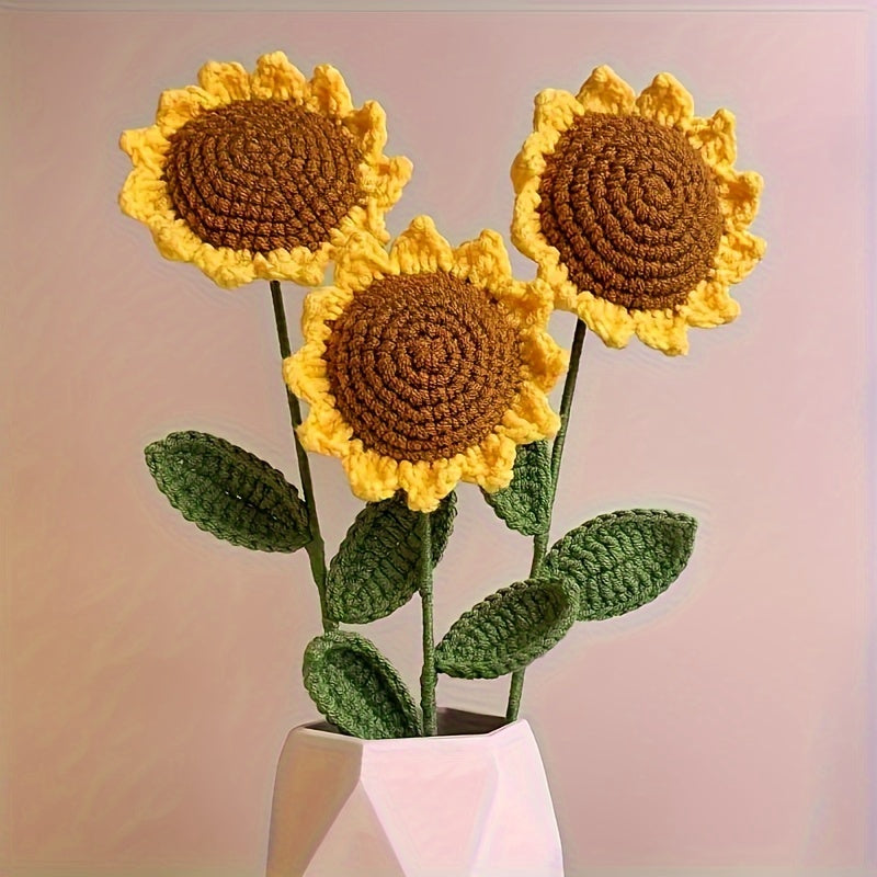 Sunflower Knitted Bouquet Soft Yellow Home Decor Ribbon & Leaves