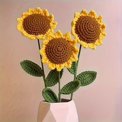 Sunflower Knitted Bouquet Soft Yellow Home Decor Ribbon & Leaves