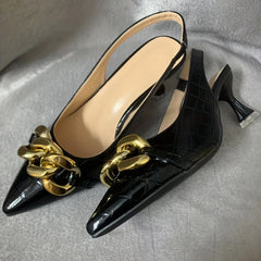 Metallic Chain Decor Mules Cone Heel Point Toe Ankle Buckle Slingback Shoes