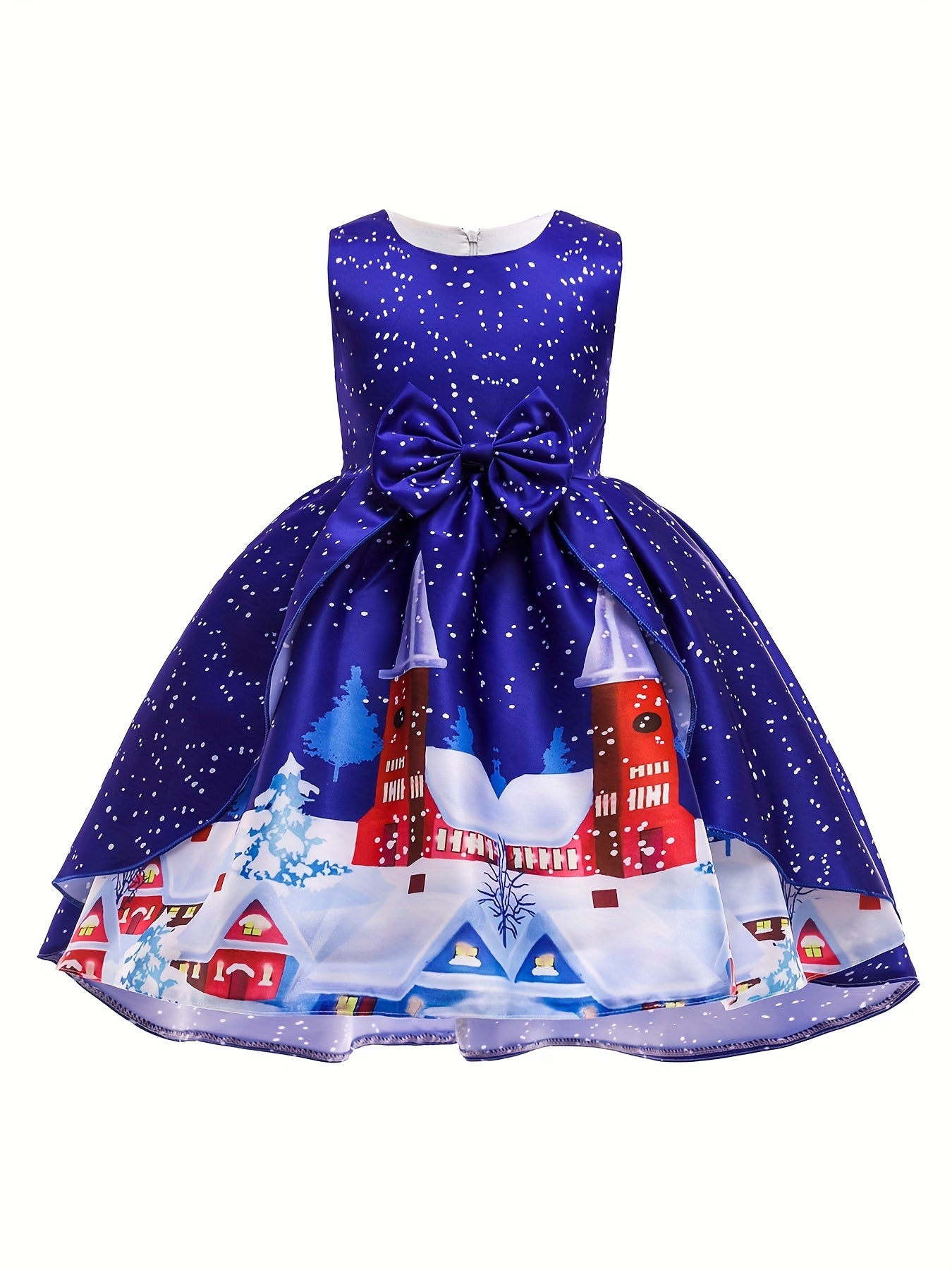 Girl's Christmas Princess Dress with Santa Print - Holiday Party Dress