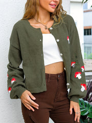 Mushroom Embroidery Knit Cardigan Button Front Long Sleeve Sweater