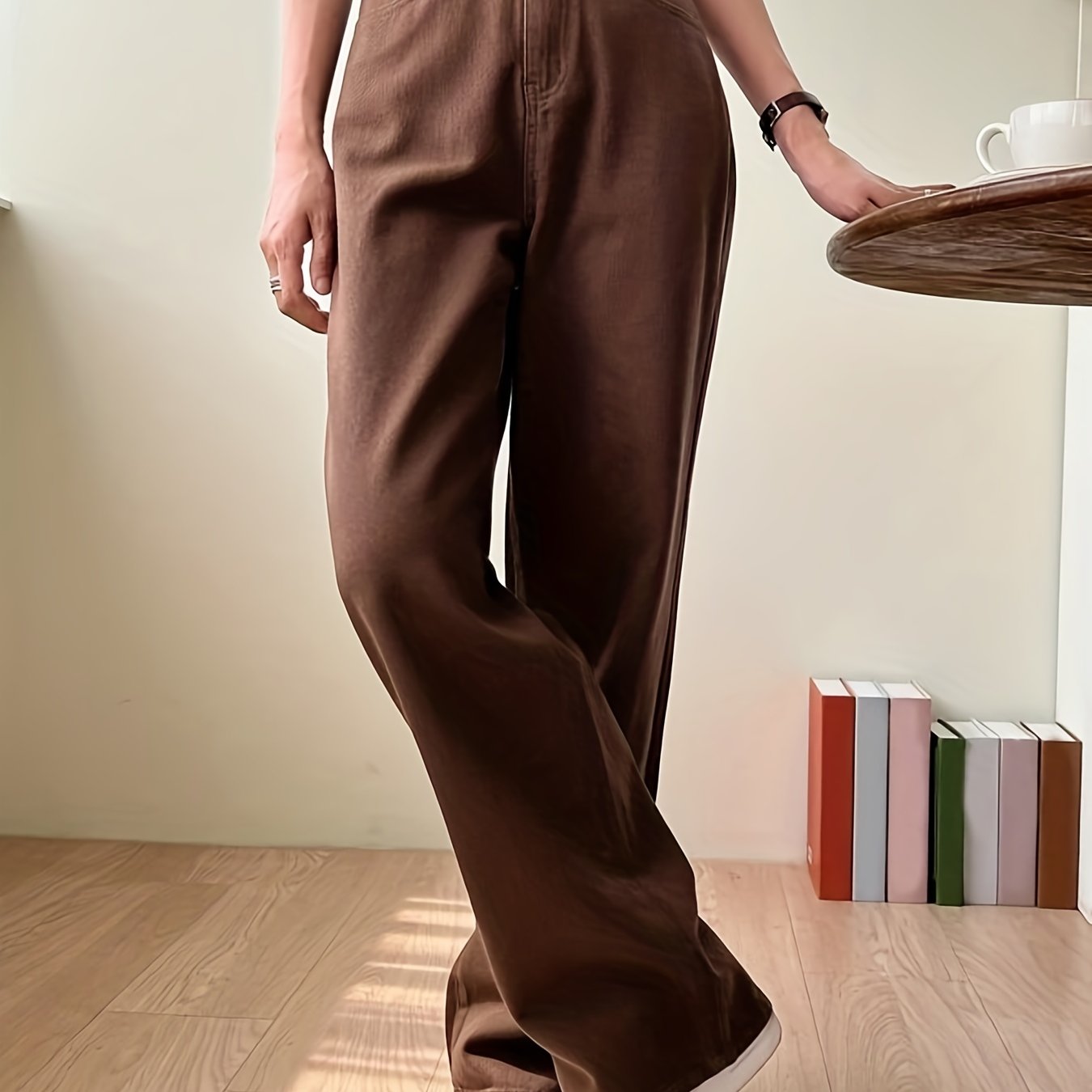 Brown Straight Jeans Non Stretch Casual Denim Pants Women's Jeans