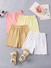 4pcs Toddler Girls Frill Trim Bow Waist Cotton Shorts Set