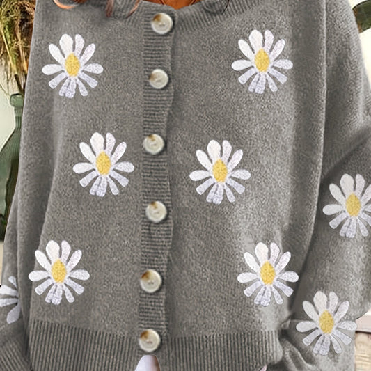 Floral Embroidery Cardigan Women's Round Neck Sweater
