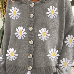Floral Embroidery Cardigan Women's Round Neck Sweater