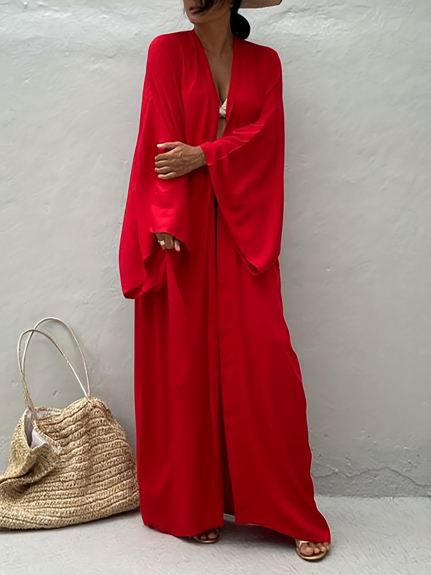 Solid Long Sleeve Belted Kimono Cover Up