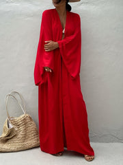 Solid Long Sleeve Belted Kimono Cover Up