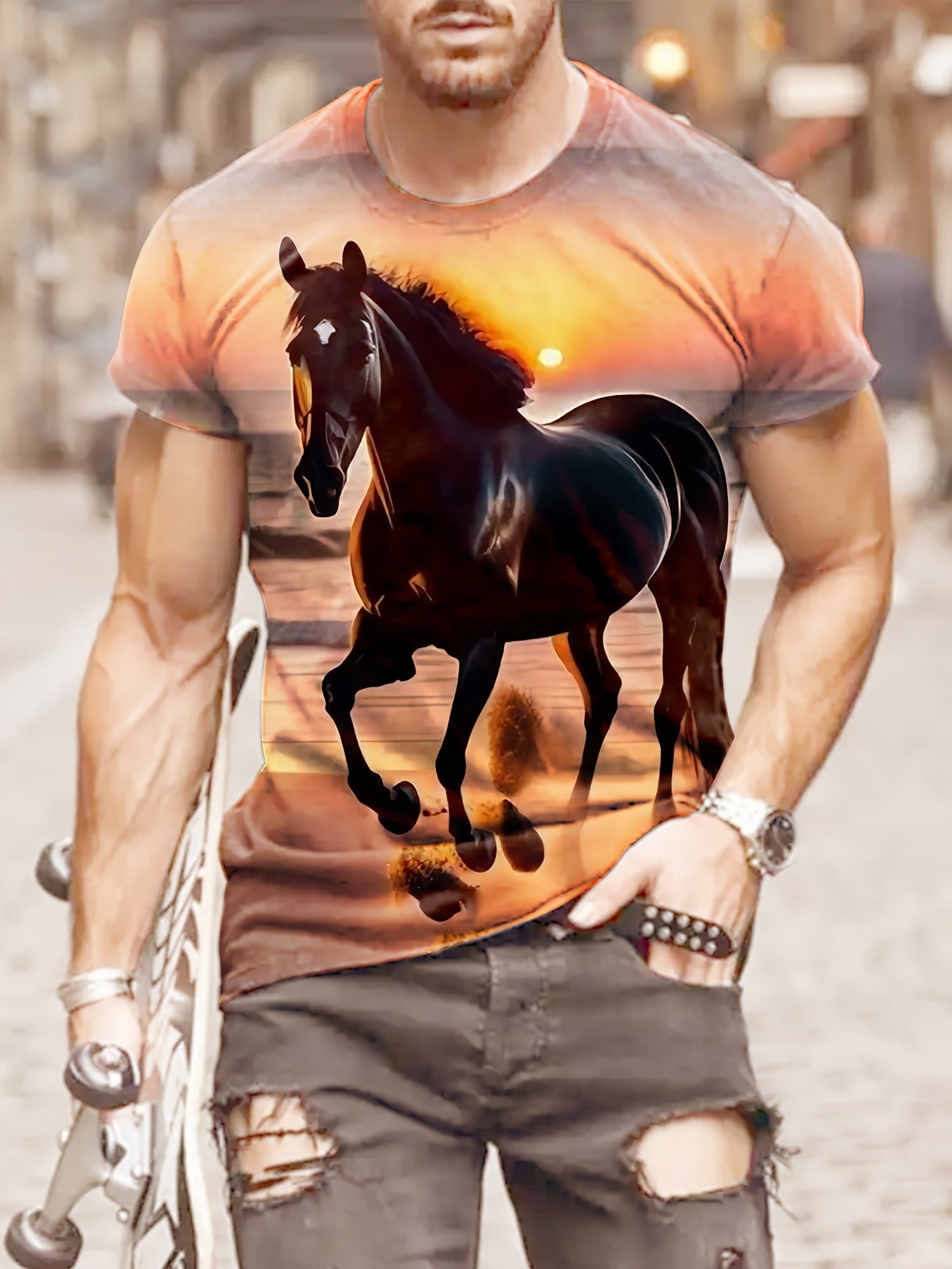 Horse 3d Pattern Print Men's Short Sleeve Comfy T shirt Graphic Tee