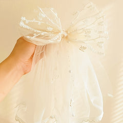 Double Layer Lace Bridal Veil with Large Satin Bow