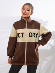 Letter Pattern Block Zip Up Jacket Casual Outerwear