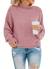 Casual Sweater Women's Solid Knitted Long Sleeve Mock Neck Pullover