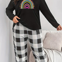 Heart Rainbow Print Pajama Set Long Sleeve Crew Neck Top & Pants