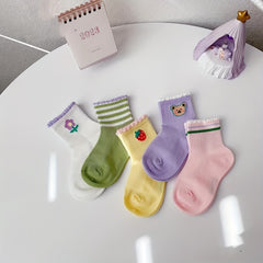 5 Pairs Girls Cartoon Print Ruffled Knit Socks for Spring & Summer