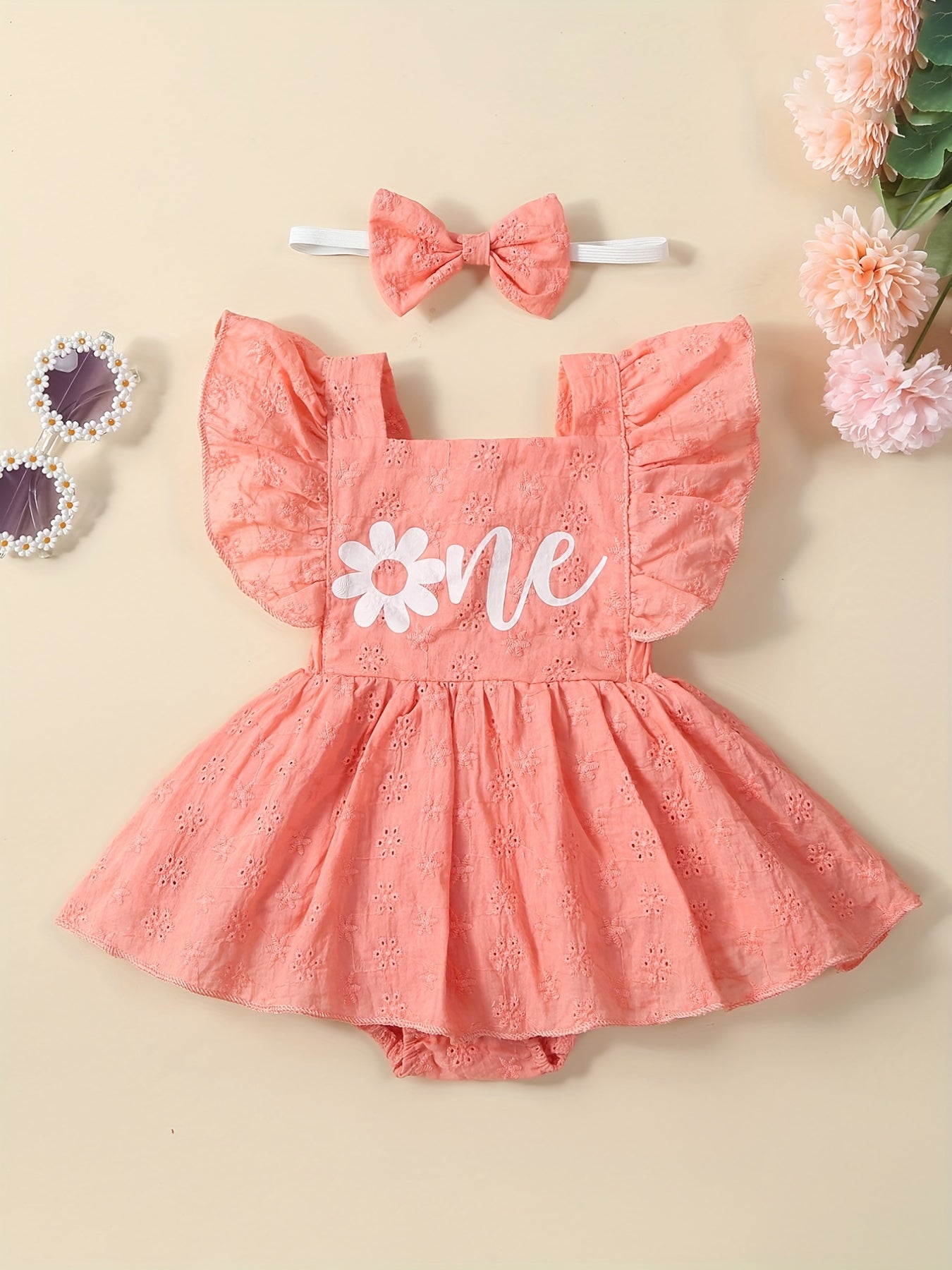 Baby Girls Flutter Sleeve Pleated Dress Summer Flower Letter Graphic Dress