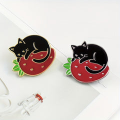 Cat & Strawberry Brooch Set Cute Animal Fruit Pins for Clothing Bags