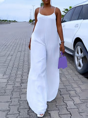 Casual Cami Jumpsuit Solid Round Neck Backless Wide Leg With Pockets