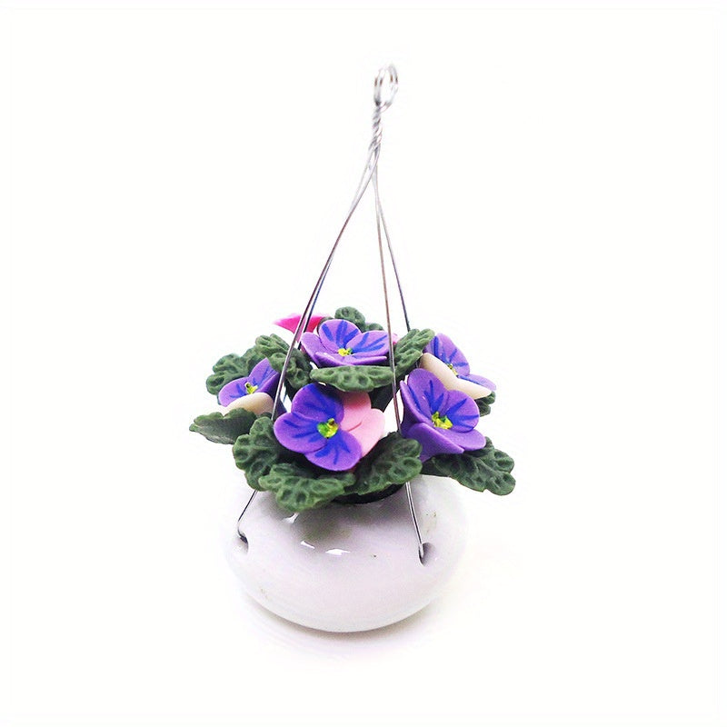 1:12 Dollhouse Clay Flower Pot Purple & Pink Mini Plant with Hanging Chain