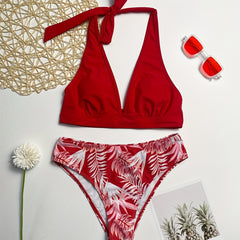 Cutout Lace Trim Halter Neck Red Solid Bra Top High Waist Plum Leaf Print Bikini