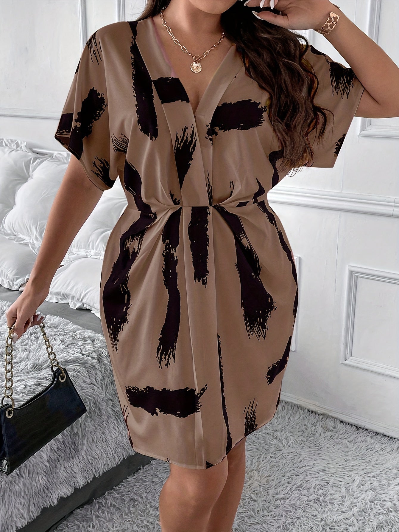 Casual Dress Women's Plus Brush Print Batwing Sleeve Deep V Neck Dress
