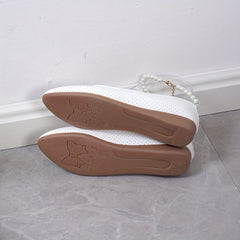 Perforated Pointed Toe Flats Faux Pearl Ankle Strap Shoes