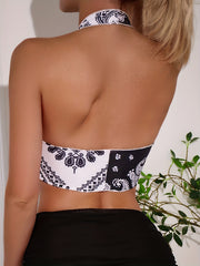 Paisley Print Beach Bikini Top Halter V Neck Tie Front High Stretch Beachwear