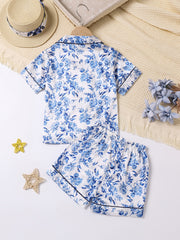 Girls Flowers Print Pajamas Set V Neck Button Top & Elastic Waist Shorts