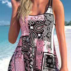 Boho Tankini Set Paisley & Scarf Print Round Neck Cami Top & Shorts