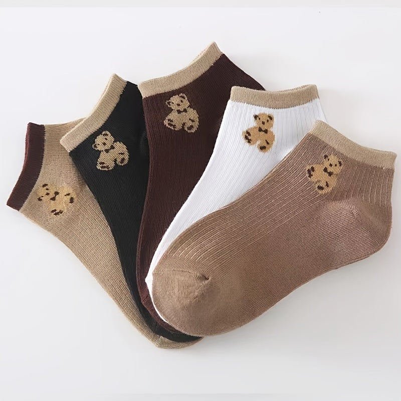 Women's 5 Pairs Graphic Ribbed Ankle Socks, Breathable Knit