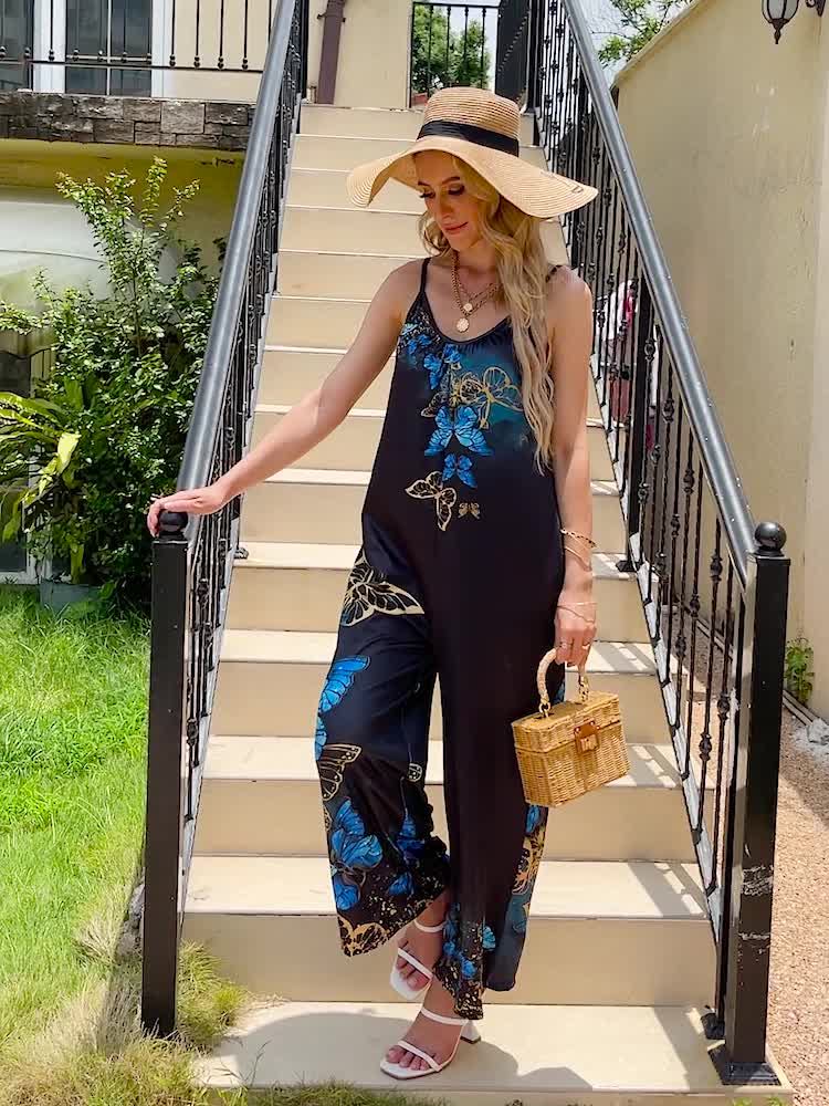Butterfly Print Wide Leg Jumpsuit Casual V Neck Sleeveless Jumpsuit