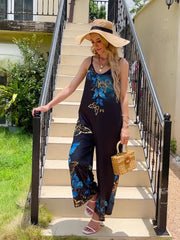 Butterfly Print Wide Leg Jumpsuit Casual V Neck Sleeveless Jumpsuit