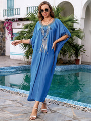 Boho Kaftan Dress Women's Plus Embroidered Batwing Sleeve