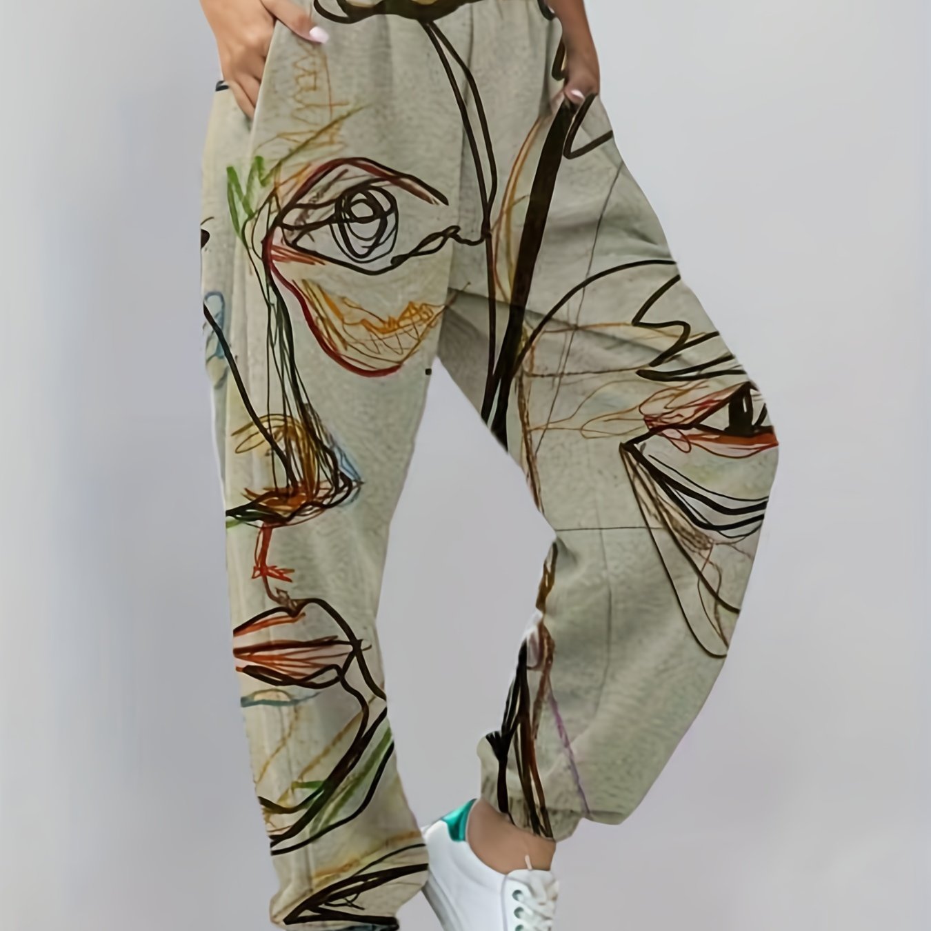Graffiti Print Jogger Pants Elastic Waist Casual Long Length Women's Clothing