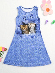Girl's 3D Cat Print Dress - Summer Outfit