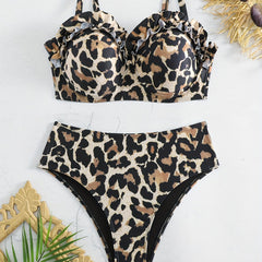 Leopard Print Ruffle Bikini Set Bra & Panty Swimsuit