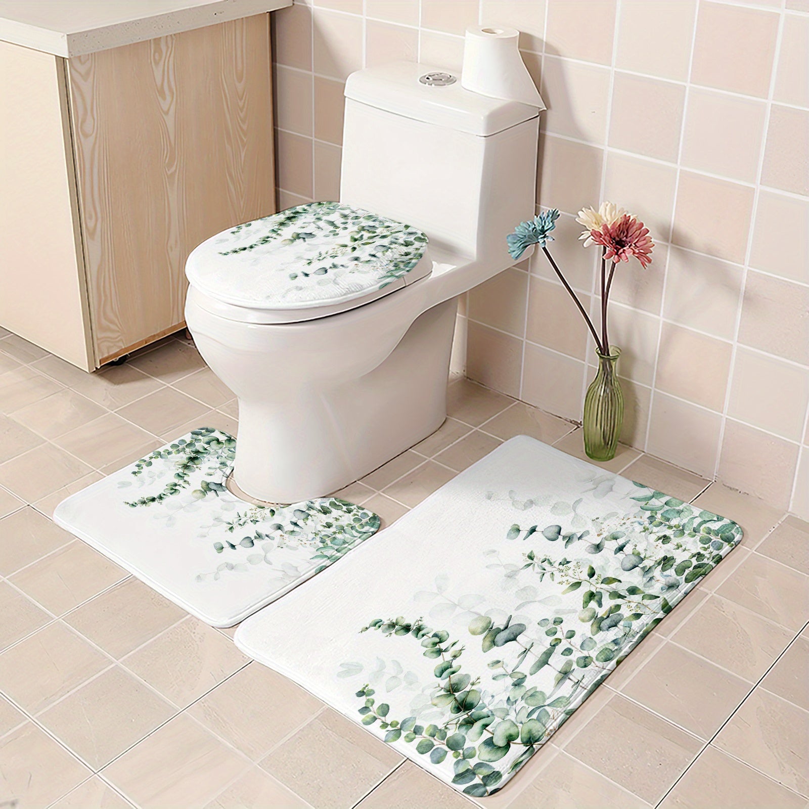 Watercolor Plant Shower Curtain Set Bathroom Decor 12 Hooks