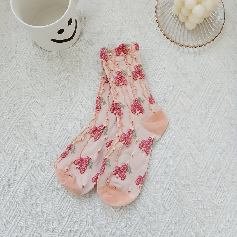 5 Pairs 3D Floral Textured Socks Retro Style Mid Tube Socks