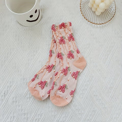 5 Pairs 3D Floral Textured Socks Retro Style Mid Tube Socks