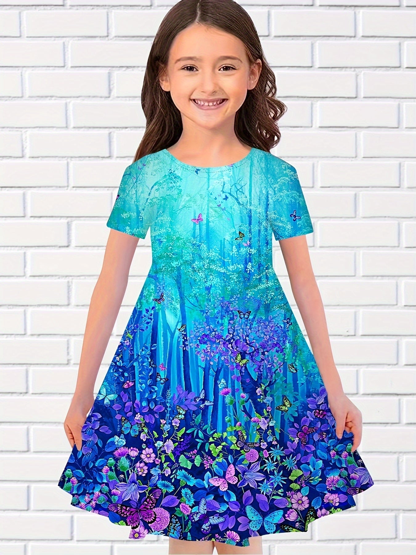 3D Print Magic Forest Graphic Flower Short Sleeve Dress Girls