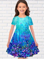 3D Print Magic Forest Graphic Flower Short Sleeve Dress Girls