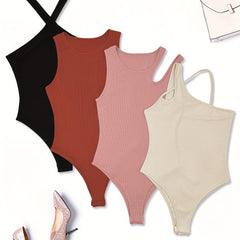 4 Pack Solid Bodysuits Casual Asymmetrical Shoulder Bodysuits