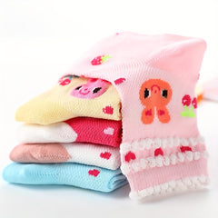 5 Pairs Baby Girls Cartoon Rabbit Strawberry Crew Socks Warm Winter