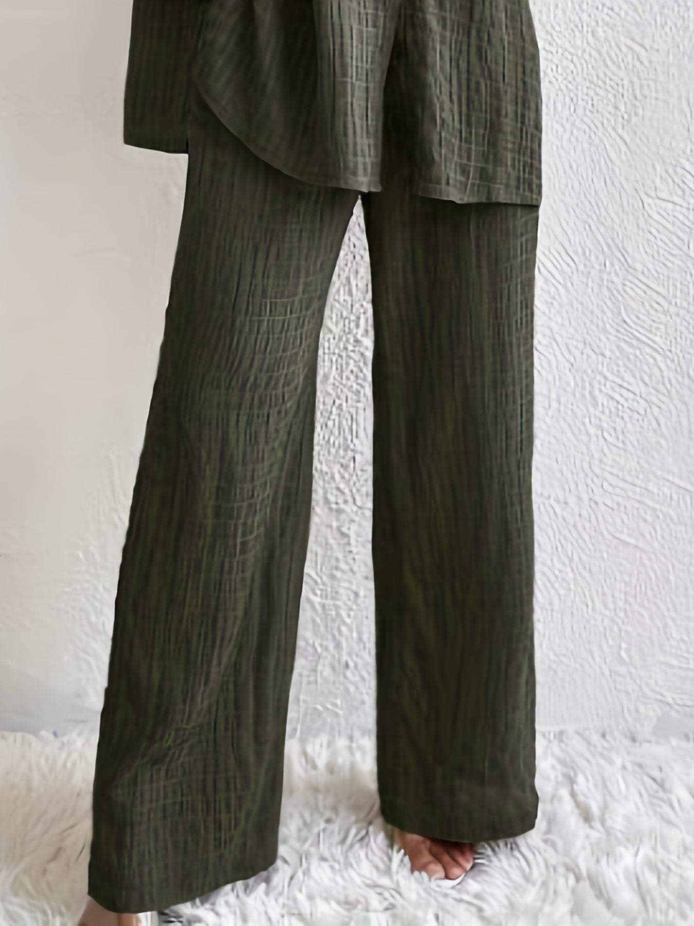 Solid Button-Up Long Sleeve Blouse & Wide Leg Pants Set